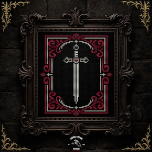 May include: Cross-stitch pattern of a sword in a decorative frame. The sword is white, with a red cross on the hilt, set against a black background. The frame is dark brown with ornate detailing, and the border is red and white. The text "CROSS STITCH PATTERN" is at the bottom.