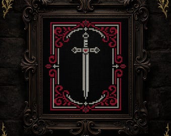 Pode incluir: Padrão de ponto cruz de uma espada branca com uma cruz vermelha sobre um fundo preto, emoldurado em castanho escuro com detalhes ornamentados. A borda é vermelha e branca. O texto "CROSS STITCH PATTERN" está na parte inferior. Tema gótico.