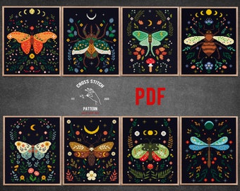 Moth cross stitch pattern Insect cross stitch Witchy cross stitch Gothic cross stitch Cottagecore decor Mushroom theme Moon Phase embroidery
