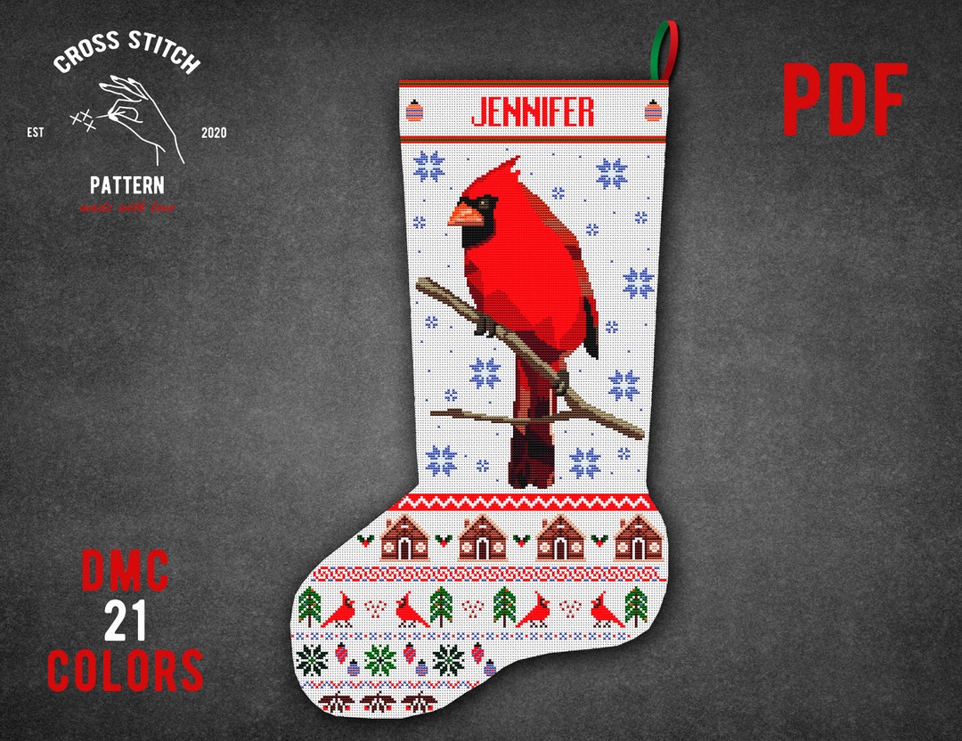 Chaussette de Noël motif point de croix cardinal rouge DIY