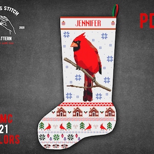 Chaussette de Noël motif point de croix cardinal rouge DIY personnalisable avec prénom Décoration de Noël broderie Scandinave Cadeau de vacances