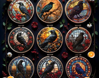 Stained glass raven cross stitch pattern Gothic crow cross stitch Spooky Halloween embroidery Horror cross stitch blackwork Witchy stitcher
