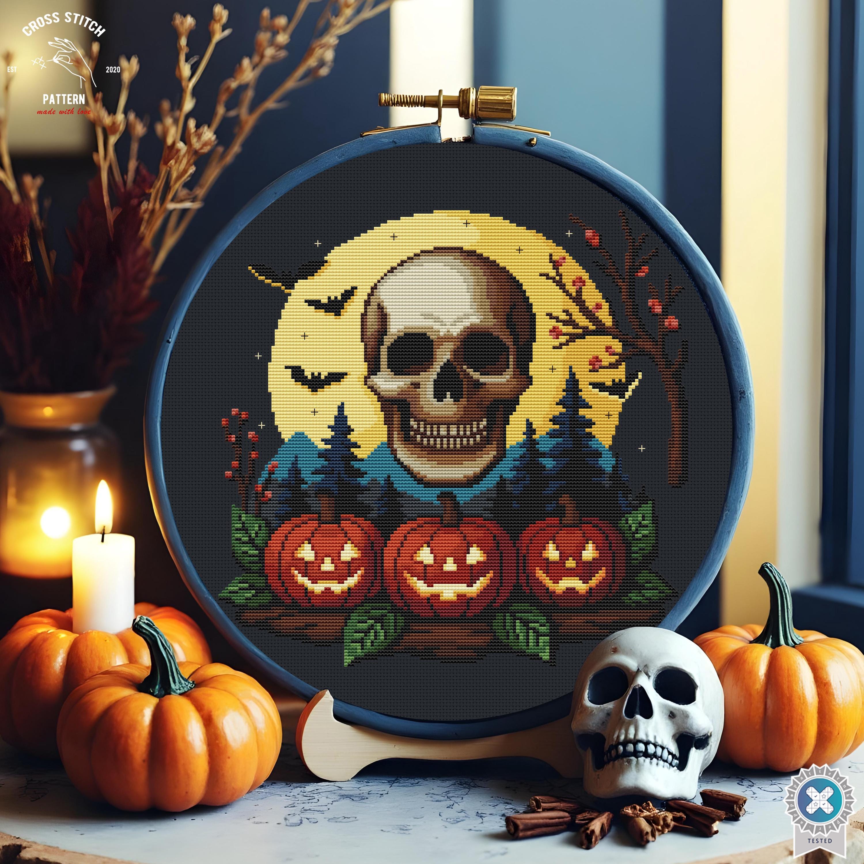 Halloween Cross Stitch Pattern Spooky Cross Stitch Skull Embroidery Bat ...