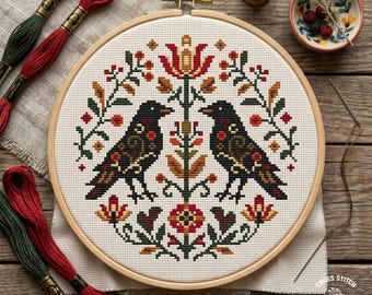 Kruissteekpatroon volkskunst kraaien: Scandinavisch symmetrisch bloemenvogelontwerp (pdf-patroon)