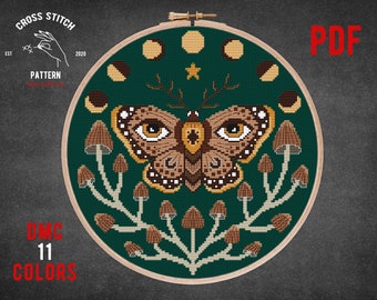 Moon Phase cross stitch pattern Luna Moth Butterfly embroidery Modern Gothic cross stitch Mystical mushrooms Witch theme Forest visions