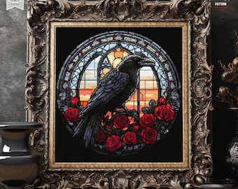Stained Glass Raven and Roses Cross Stitch Pattern Gothic Crow cross stitch Spooky  Halloween embroidery Witchy stitcher Horror cross stitch