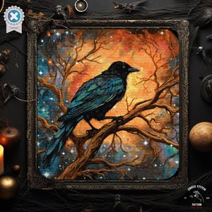 May include: A black crow with blue iridescent feathers perched on a branch of a tree. The tree is set against a background of a starry night sky with orange and yellow hues.