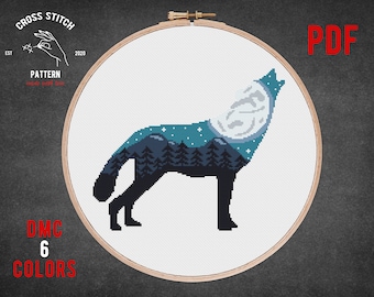 Wolf cross stitch pattern Landscape embroidery Modern cross stitch Wolf silhouette ornament xstitch Animals cross stitch chart