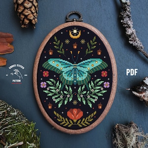 Moth cross stitch pattern Mushroom cross stitch Witchy cross stitch Gothic cross stitch Insect embroidery Cottagecore embroidery Moon Phase