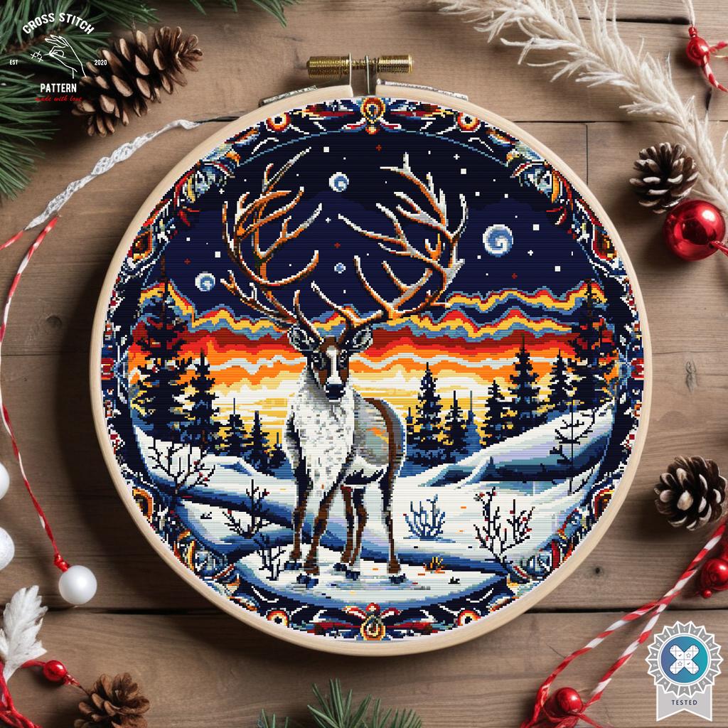 Scandinavian Deer Cross Stitch Pattern Winter Reindeer Forest ...