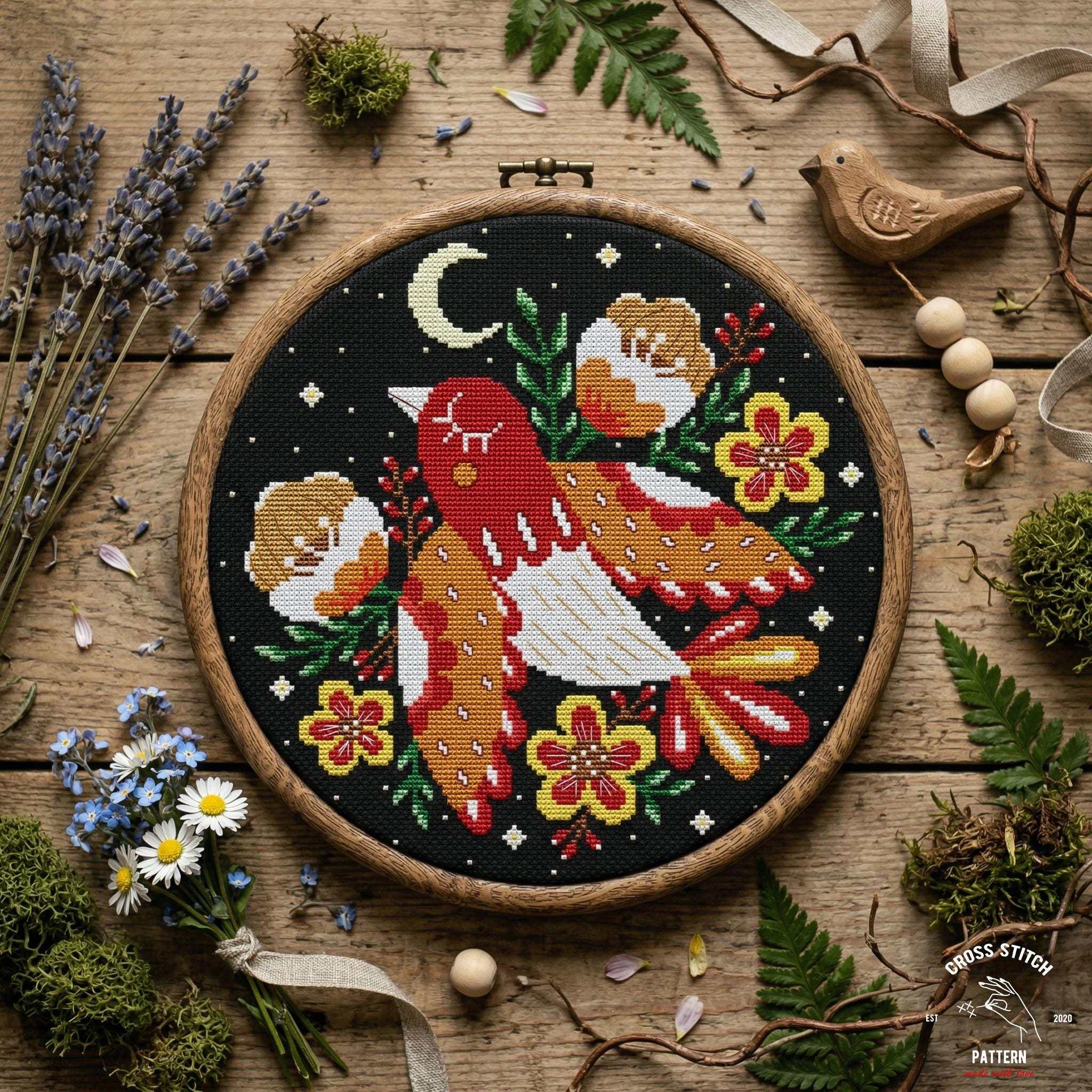 Folk Art Cardinal Bird Cross Stitch Pattern: Dark Floral Night