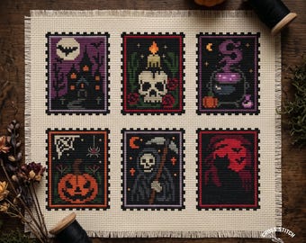Gothic Halloween Cross Stitch Pattern: Mini Stamp Set Spooky Skull Grim Reaper Design (PDF Pattern)