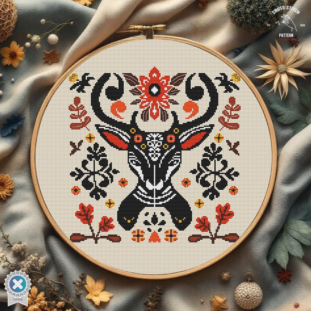 Scandinavian Deer Cross Stitch Pattern Nordic Folk Art Floral Design ...