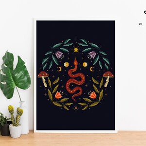 Snake cross stitch Witchy reptile embroidery Satanic cross stitch Gothic cross stitch Floral Serpent Occult cross stitch Moon embroidery pdf image 4