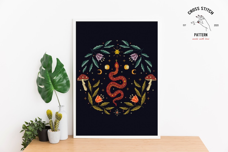 Snake cross stitch Witchy reptile embroidery Satanic cross stitch Gothic cross stitch Floral Serpent Occult cross stitch Moon embroidery pdf image 4