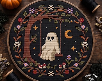 Ghost on Swing Cross Stitch Pattern: Cottagecore Halloween Moon Floral Design (PDF Pattern)