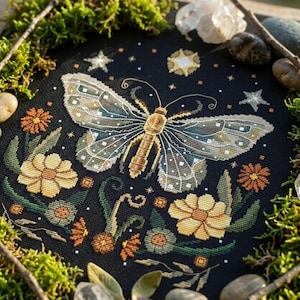 Luna Moth Cross Stitch Pattern PDF, Celestial Insect Embroidery Chart, Night Sky Botanical Needlework Design