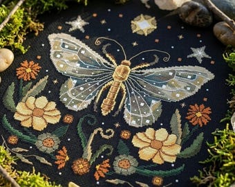 Luna Moth Cross Stitch Pattern PDF, Celestial Insect Embroidery Chart, Night Sky Botanical Needlework Design