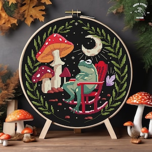 Frog cross stitch pattern Mushroom cross stitch Toad cross stitch Goblincore embroidery Witchy aesthetic Moth embroidery Gothic cross stitch