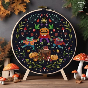 Frog cross stitch pattern Halloween cross stitch spooky cross stitch Funny Cute Toad Pumpkin Witchy cross stitch Mushroom embroidery Gothic