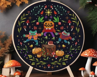 Frog cross stitch pattern Halloween cross stitch spooky cross stitch Funny Cute Toad Pumpkin Witchy cross stitch Mushroom embroidery Gothic
