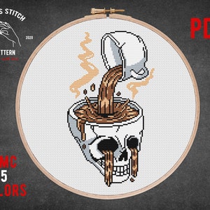 Coffee time skeleton cross stitch pattern Skull Gothic theme kitchen wall decor embroidery Funny counted cross-stitch