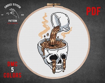 Coffee time skeleton cross stitch pattern Skull Gothic theme kitchen wall decor embroidery Funny counted cross-stitch