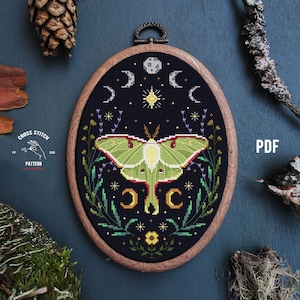 Luna Moth cross stitch pattern Witchy cross stitch Gothic cross stitch Mushroom cross stitch Insect embroidery Cottagecore theme Moon Phase