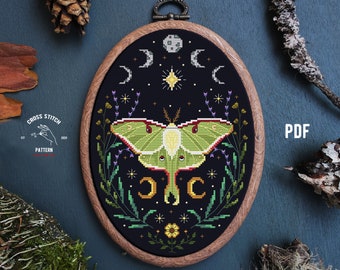 Luna Moth cross stitch pattern Witchy cross stitch Gothic cross stitch Mushroom cross stitch Insect embroidery Cottagecore theme Moon Phase