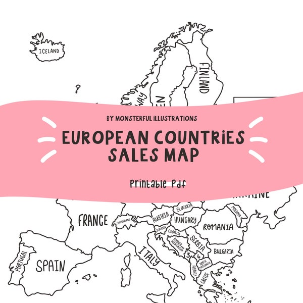 EUROPE SALES MAP - Hand Illustrated Map - Labelled map - Instant Download - Printable Map - Travel Map - Sales Tracker - print at home