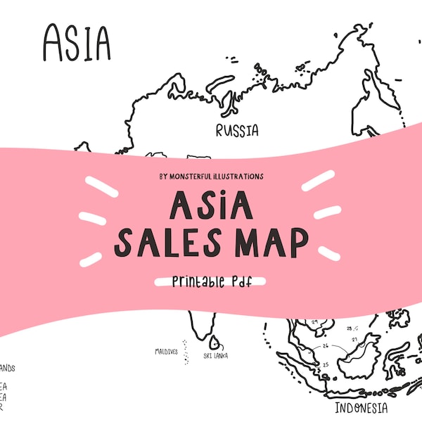 ASIA SALES MAP, Labelled Countries, Instant Download, Printable, A4 pdf, Travel Map, Etsy Sales Tracker, Colouring Sheet, Asian Countries