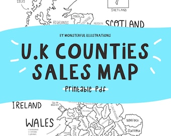 UK COUNTIES SALES Map - Carte illustrée à la main - Carte étiquetée - Téléchargement instantané - Carte imprimable - Carte de voyage - Suivi des ventes - impression à la maison