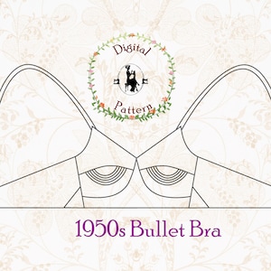 Könnte beinhalten: Eine Schwarzweiß-Zeichnung eines 1950er-Jahre-Bullet-BH-Schnittmusters. Das Schnittmuster ist mit "1950s Bullet Bra" beschriftet und enthält einen Kreis mit dem Text "Digital Pattern" und die Silhouette einer Person, die näht.