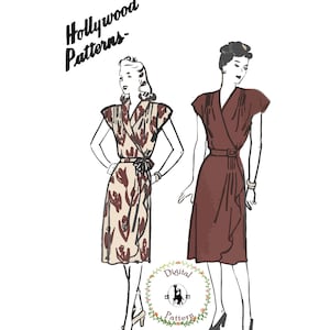 Hollywood 163 | 1940er Jahre Wickelkleid Schnittmuster mit drapiertem Rock und Biesen | PDF Digitales Schnittmuster | Büste 42&quot; Hüften 45&quot;