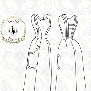 May include: A digital sewing pattern for a long, sleeveless dress with a V-neckline and two pockets. The pattern includes two different styles, one with a simple bodice and the other with a more fitted bodice. The pattern is available in sizes XS-XL.