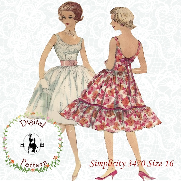 Simplicité 3470 | Robe d'été à jupe ample des années 1950-1960 avec volant | Patron de couture vintage | Patron de couture PDF