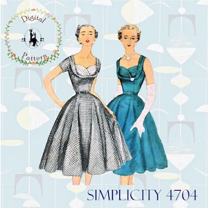 May include: Vintage Simplicity sewing pattern 4704 for a dress. The pattern shows two women wearing dresses with a fitted bodice and a full skirt. One dress is black and white gingham and the other is blue.