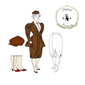 Op de afbeelding: Een digitaal patroon voor een bruin jasje met een rok, een wit blouse, een bruine pet en rode laarzen. Het patroon is voor een outfit in vintage stijl.