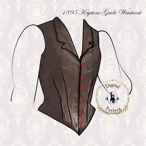 Peut inclure: Un patron numérique pour un gilet rayé marron avec des boutons rouges. Le patron est intitulé "1895 Keystone Guide Waistcoat" et "Digital Pattern".