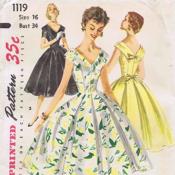 Simplicity 1119 | 1950s Portrait Collar V-Neck Evening/Cocktail Dress Sewing Pattern | PDF Digital Vintage Sewing Pattern