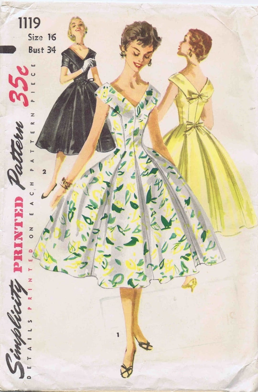 Simplicity 1119 1950s Portrait Collar V-neck Evening/cocktail Dress ...