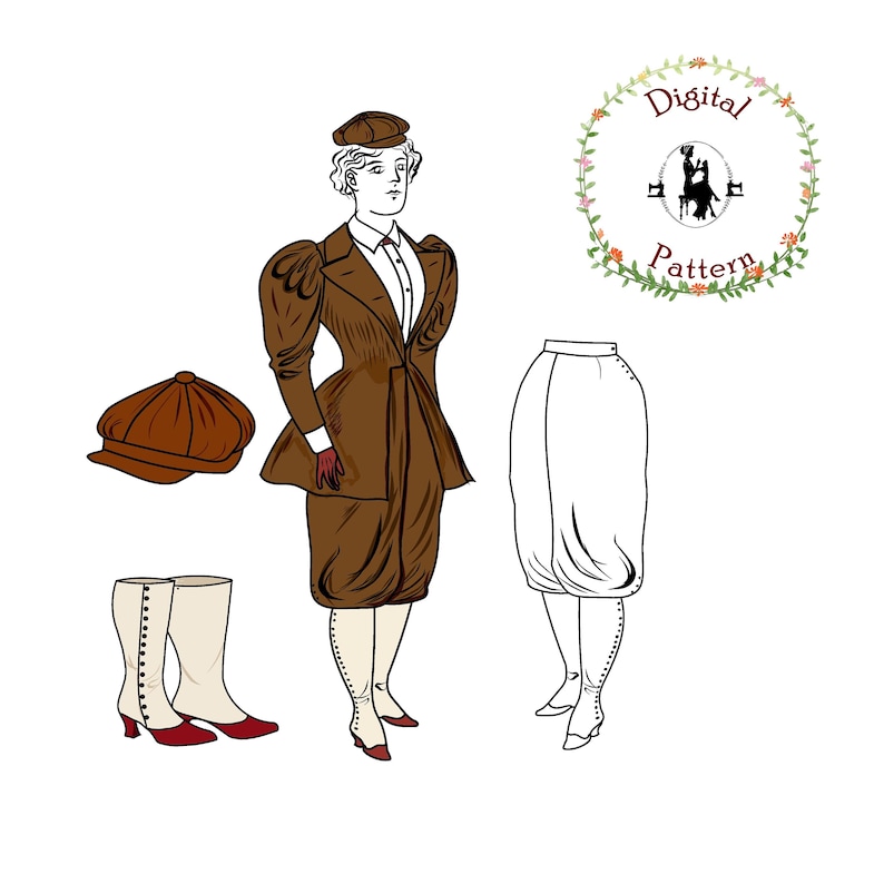 1890s Dresses, 1890s Costumes for Sale     1890s Bicycle/Cycling Suit Sewing Pattern |Cycling/Riding Knickers/Bloomers Cycling Coat/Jacket Spats Newsboy Cap |Digital Sewing Pattern  AT vintagedancer.com