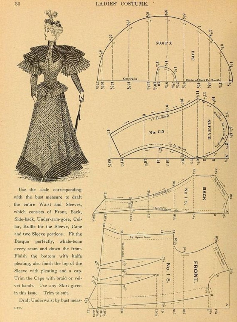 May include: A vintage sewing pattern for a women's costume. The pattern includes instructions for a cape, sleeves, and a basque. The pattern is printed on a cream-colored paper with black ink.