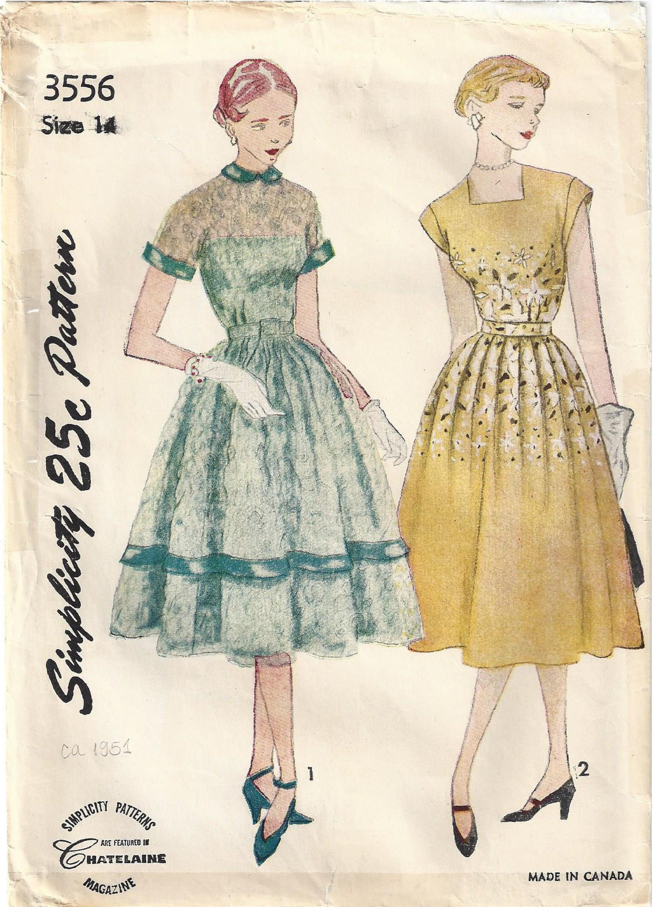Simplicity 3556 | 1950s Summer Dress with Peter Pan Collar Pleated Skirt | Dress with Square Neckline | PDF Digital Vintage Sewing Pattern