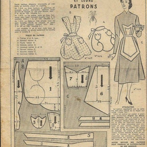 May include: A vintage sewing pattern for making aprons. The pattern includes instructions for three different styles: a simple apron with a ruffle, a more elaborate apron with a ruffle and a bib, and a bib apron with a ruffle. The pattern is printed on a sheet of paper with a black and white illustration of a woman wearing an apron.