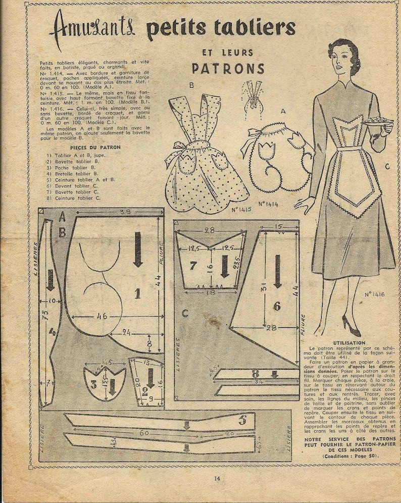 May include: A vintage sewing pattern for making aprons. The pattern includes instructions for three different styles: a simple apron with a ruffle, a more elaborate apron with a ruffle and a bib, and a bib apron with a ruffle. The pattern is printed on a sheet of paper with a black and white illustration of a woman wearing an apron.