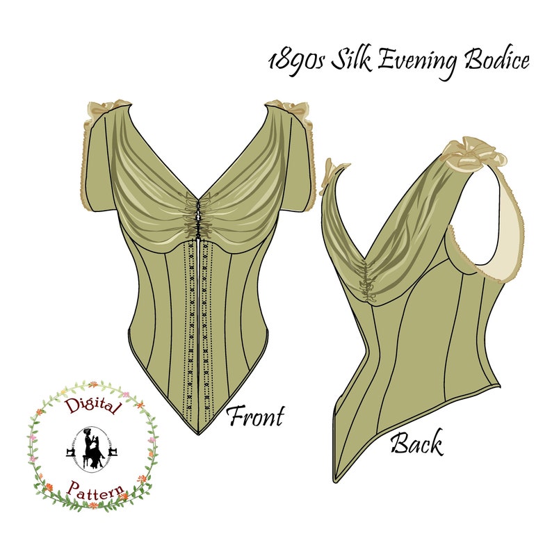 1890s Evening Bodice Sewing Pattern Victorian / Edwardian Bodice with Draped Bertha and Lacing PDF Digital Historical Sewing Pattern image 1