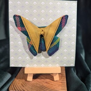 Origami Fabric Butterfly Brooch -Green  Tartan and Yellow Silk
