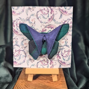 Origami Fabric Butterfly Brooch -Red Green Tartan and Blue Silk