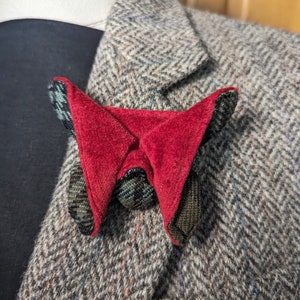 Origami Fabric Butterfly Brooch - Red Velvet and gray/ green tartan